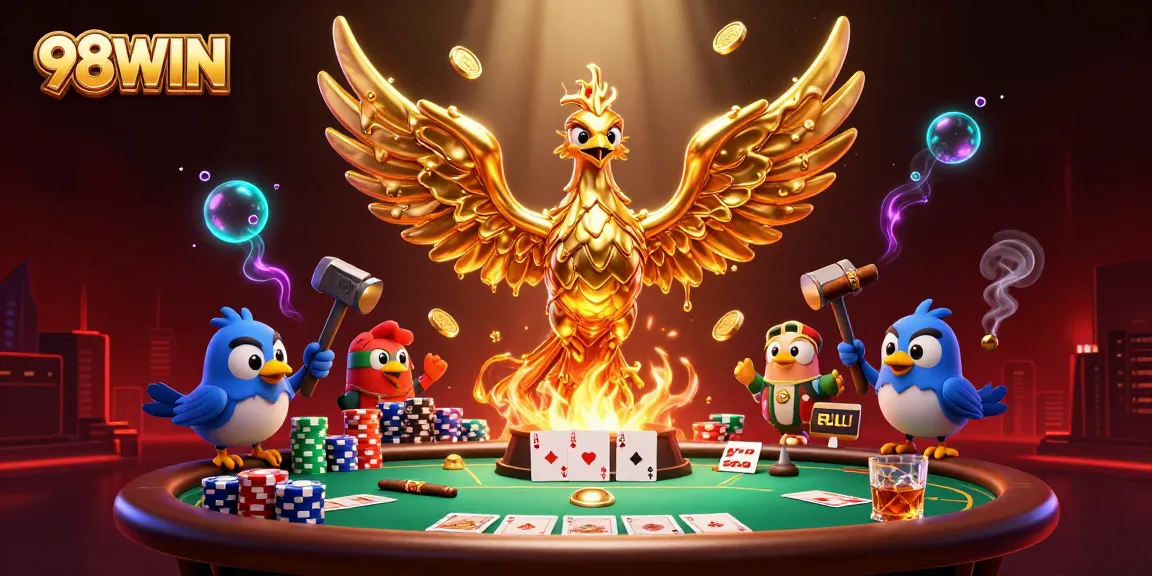 Experience 98WIN's thrilling golden phoenix rising from molten metal in a vibrant casino setting.