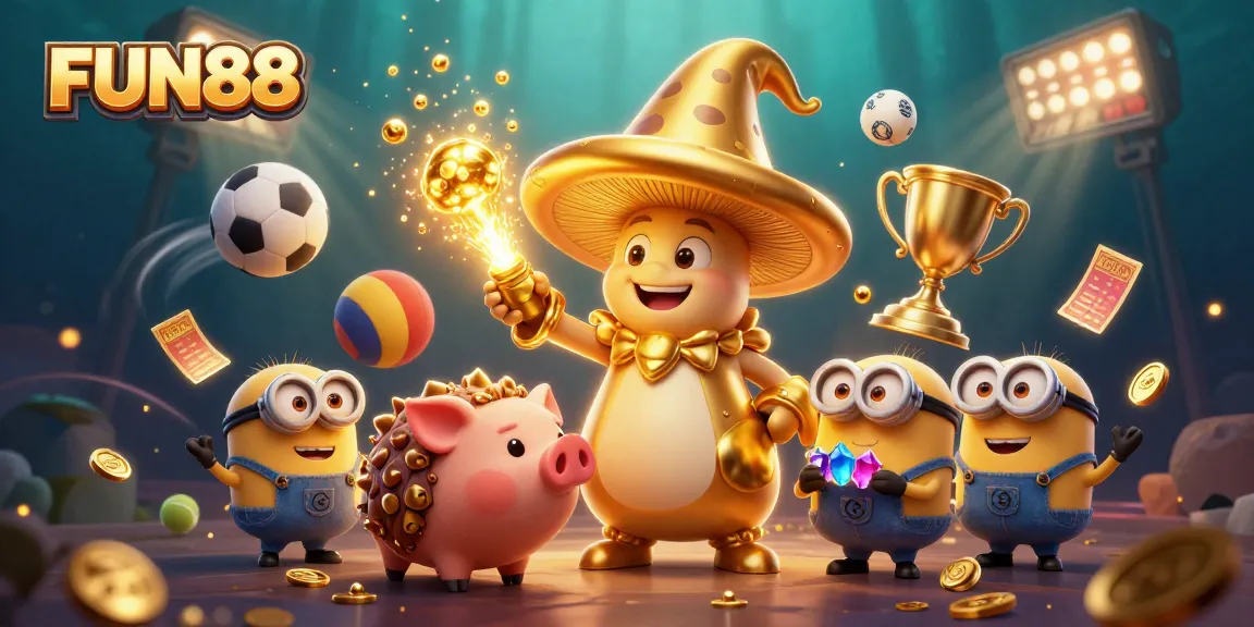 Experience the magic of FUN88 with a golden mushroom wizard and treasure-hunting pig in a casino adventure.