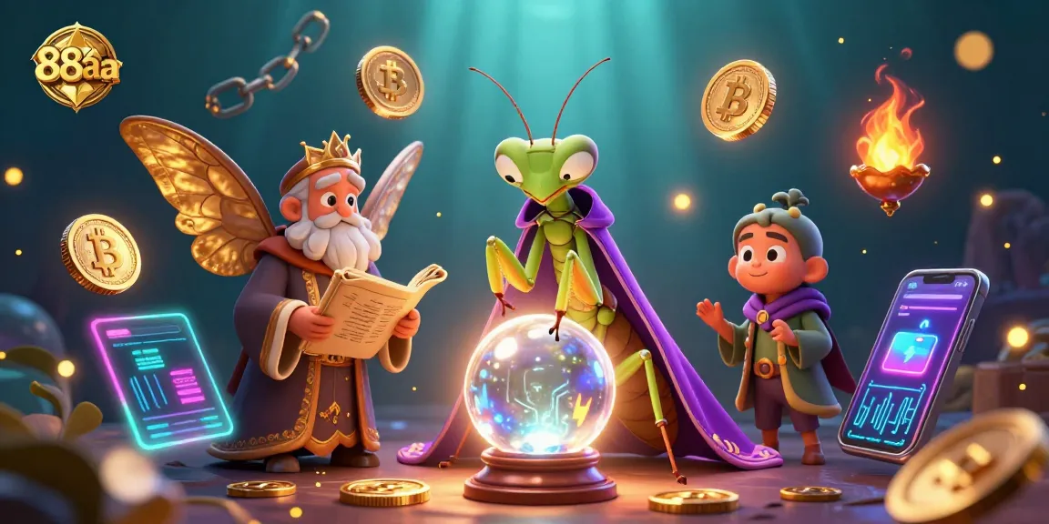 Engage with 88aa's mystical 3D casino illustration featuring fortune tellers, crypto elements, and vibrant visuals.