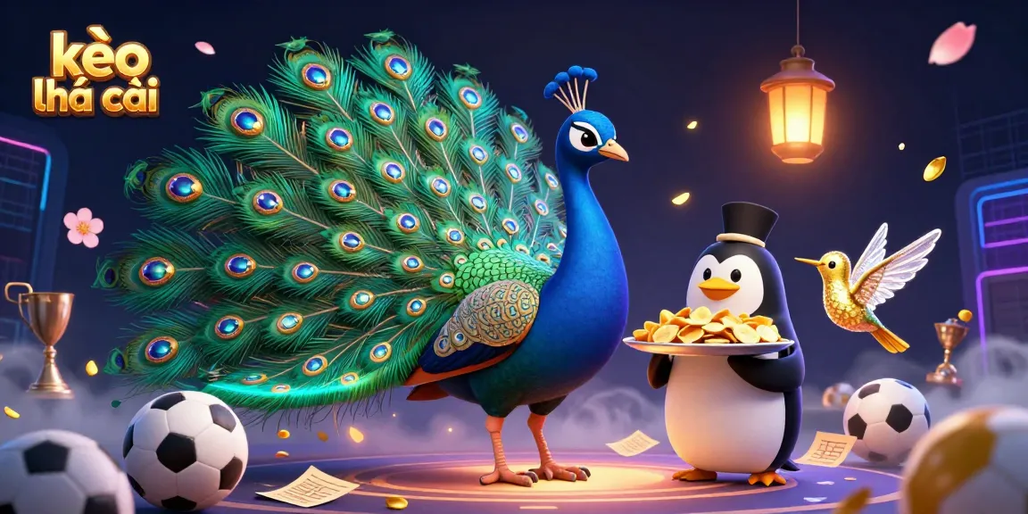 Experience kèo nhà cái with a vibrant 3D scene featuring a peacock, a penguin butler, and a hummingbird among dynamic betting elements.