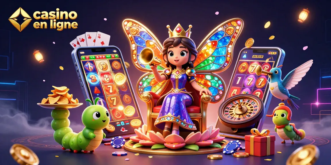 Jouez à des jeux de casino en ligne avec la reine des papillons dans une illustration 3D multicolore captivante.