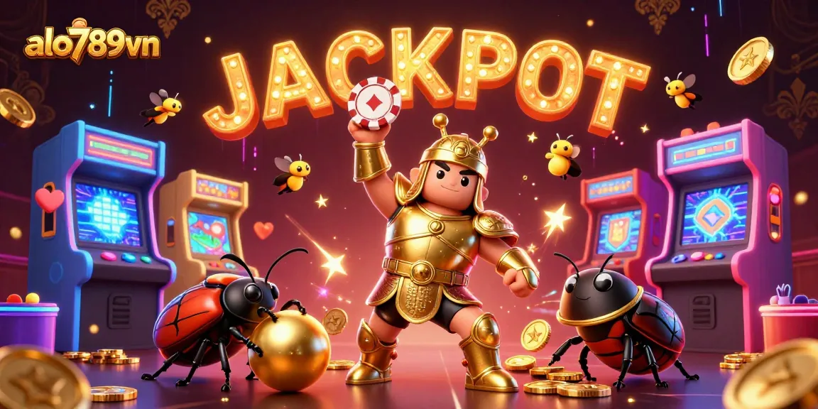 Feel the thrill of winning at alo789vn with a heroic beetle lifting poker chips in a vibrant casino scene.