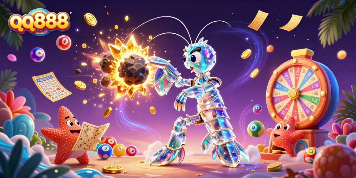 Engage with qq888 in this vibrant 3D scene featuring a galactic mantis shrimp amidst golden treasures and colorful lottery elements.