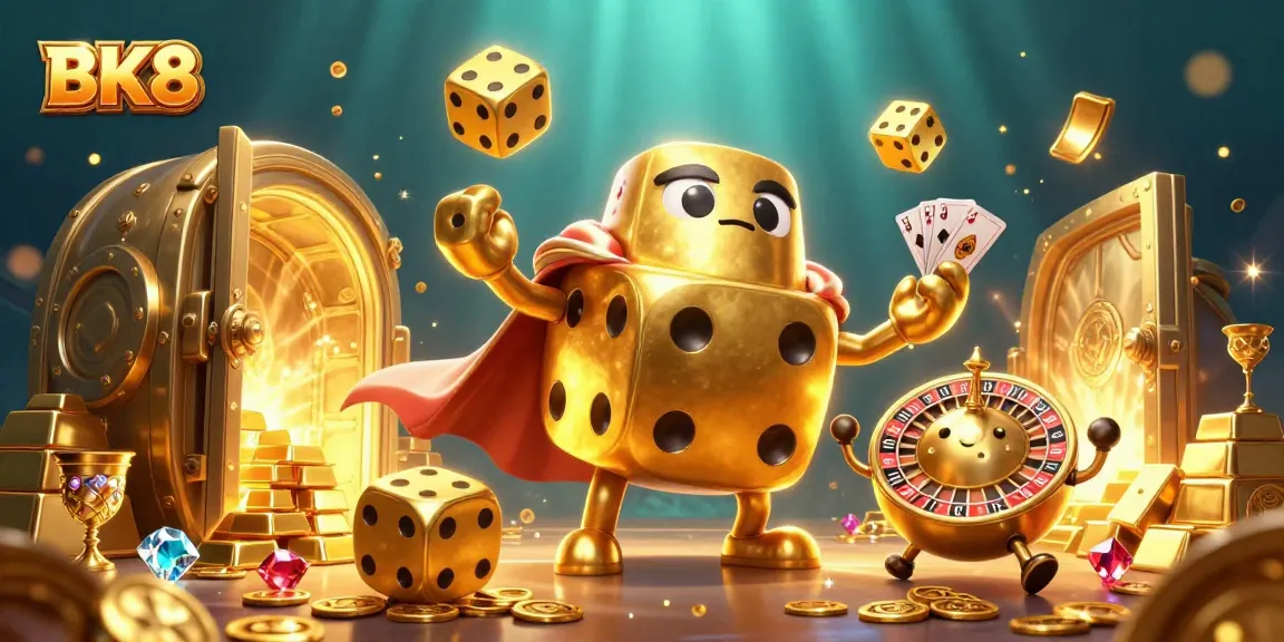 Engage in thrilling BK8 gambling experiences with golden casino elements and dynamic characters.