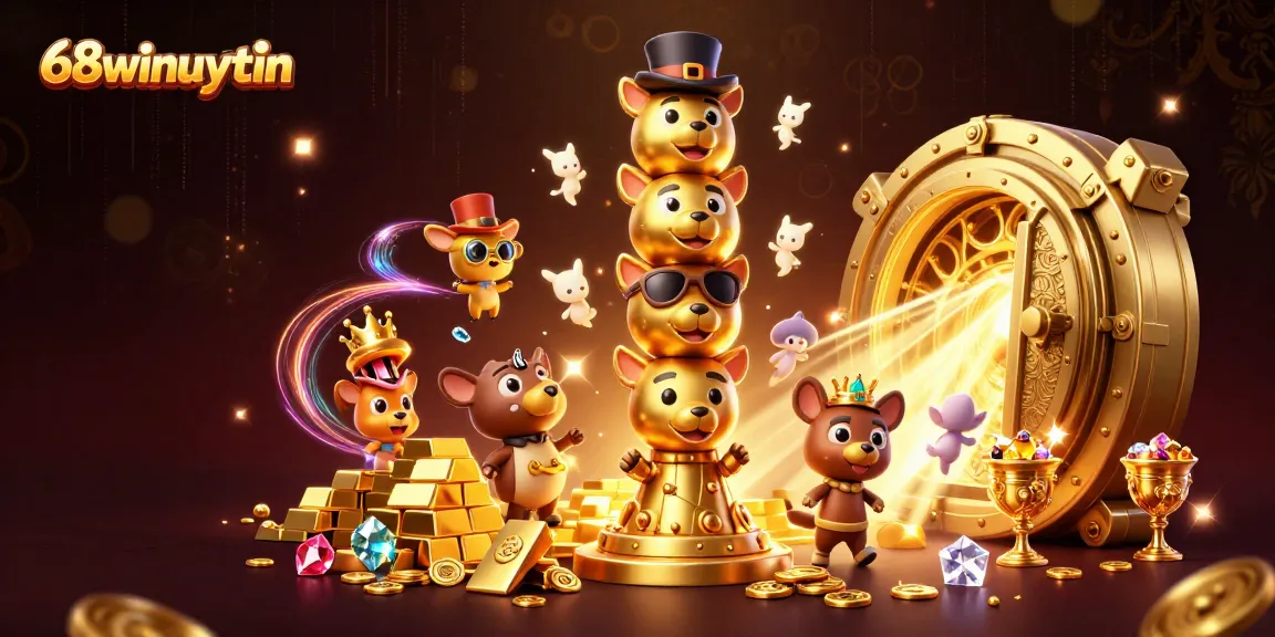 Experience the excitement of 68winuytin with vibrant casino-themed 3D illustration filled with gold treasures.