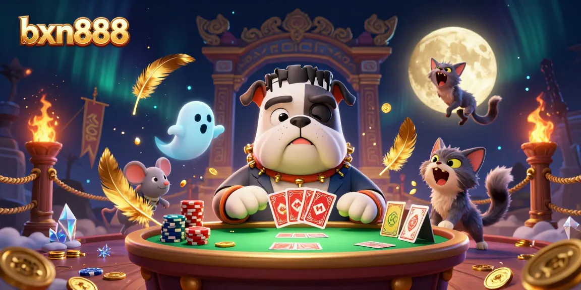 Play the exciting games at bxn888 with a spooky casino illustration featuring unique characters.