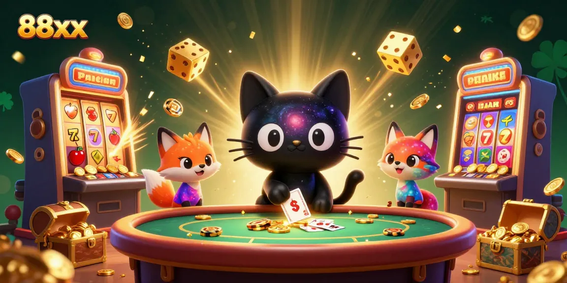 Experience the excitement of 88xx casino with a vibrant cosmic scene and charming characters.