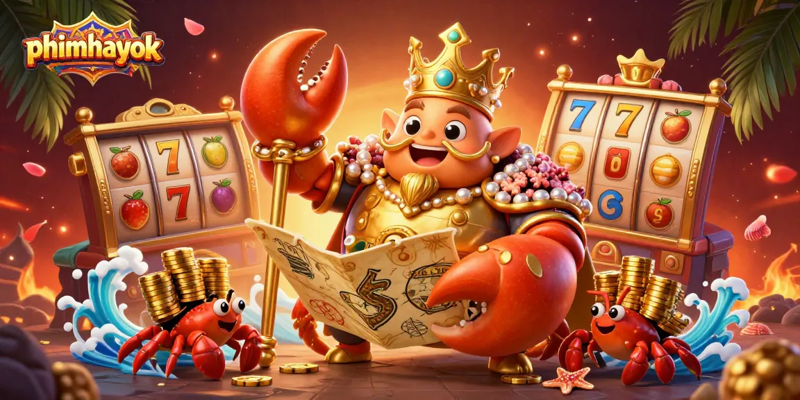 Experience fun and excitement at phimhayok with a lively 3D casino scene featuring an emperor crab and themed elements.
