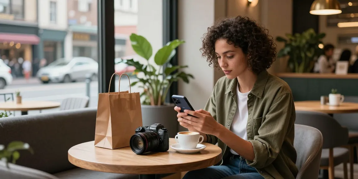 Engaging online shopping moment on shs-dome5.com with stylish individual browsing products in a café.