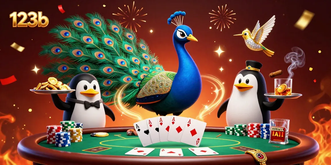 Experience 123b's vibrant casino scene with an aristocratic peacock and gold chips. Perfect entertainment!