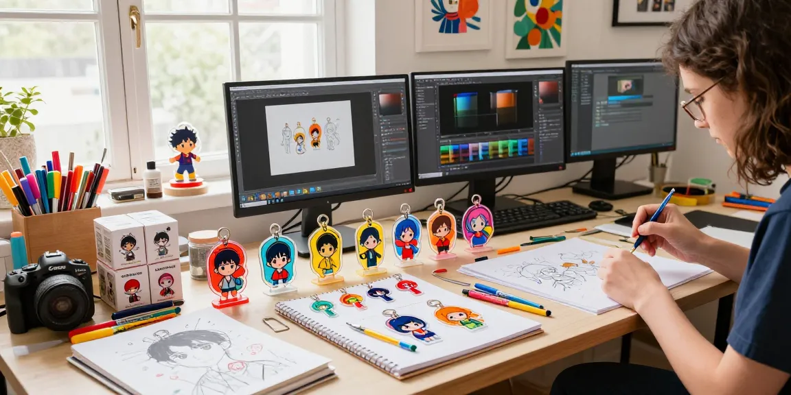 Custom acrylic keychains being designed in a bright studio, showcasing vibrant colours and creative artwork.