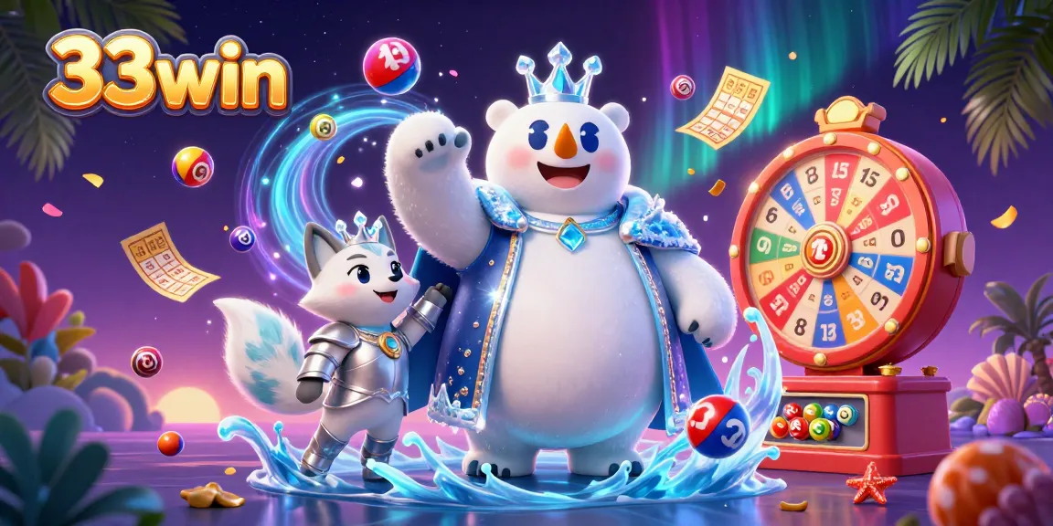 Experience the thrill of lottery draws with 33win's dynamic gaming scene featuring vibrant elements.