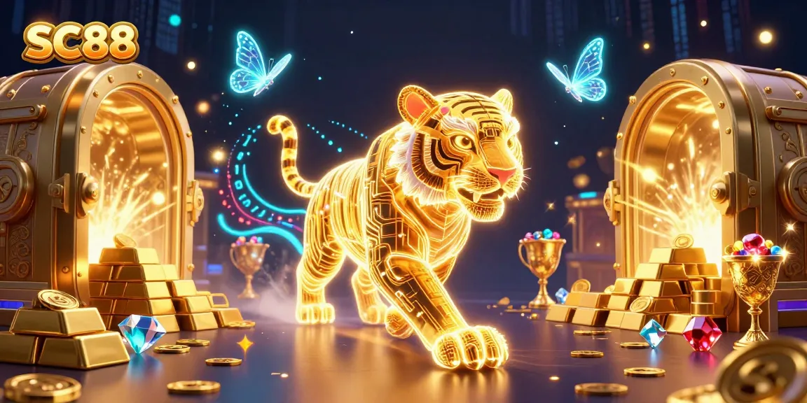 Experience the thrill of SC88 with a vibrant digital casino under a glowing tiger's watch.