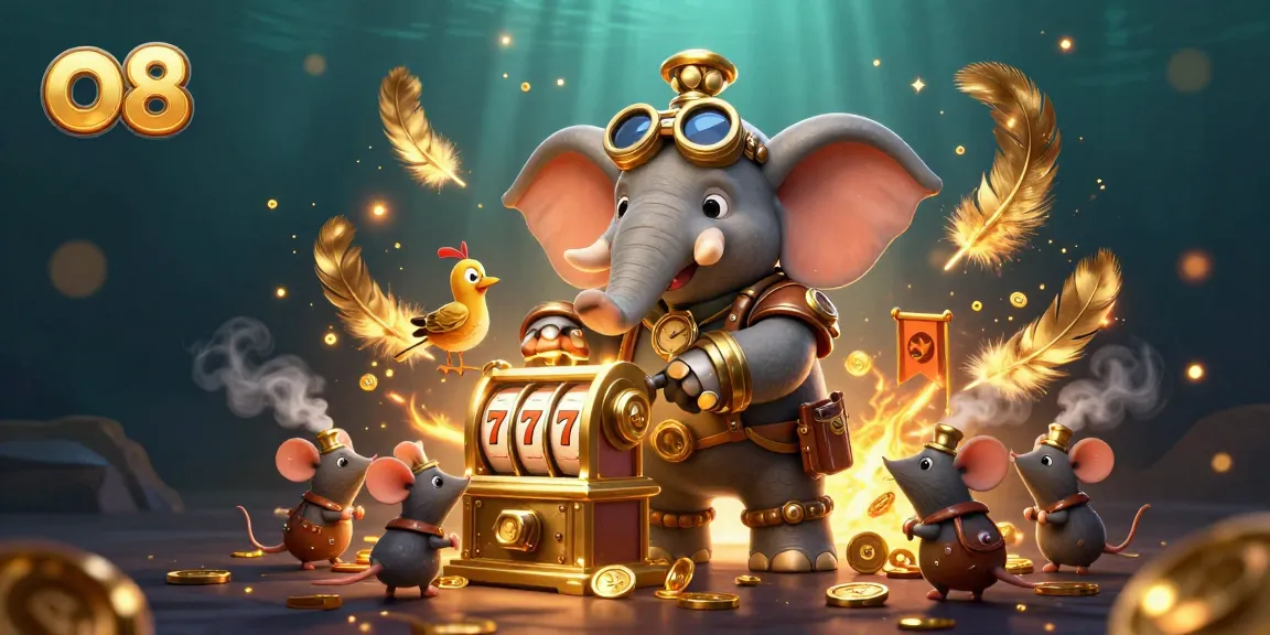 Spin the o8 golden slot machine with a steampunk elephant engineer in an exciting casino scene.