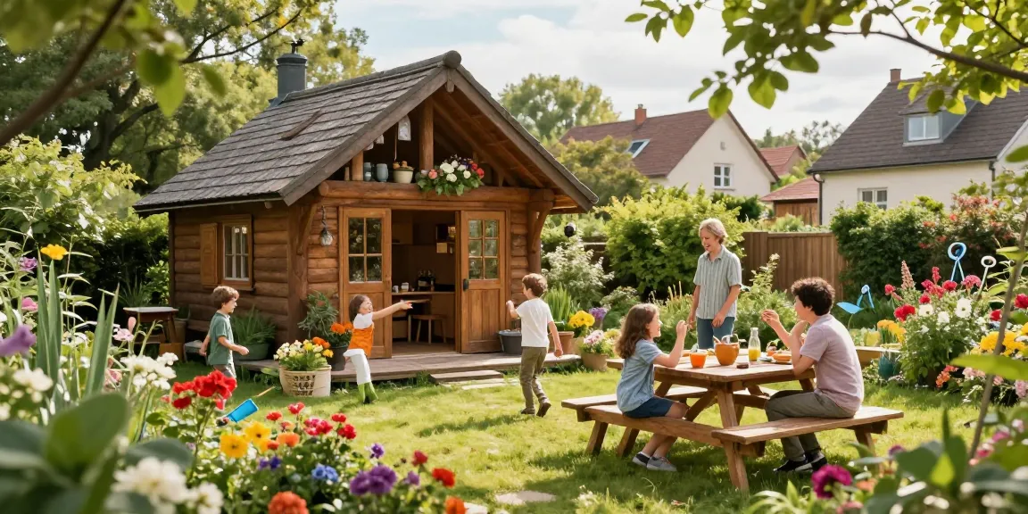 Garten Haus in einer idyllischen Gartenlandschaft mit Familie und Blumen.