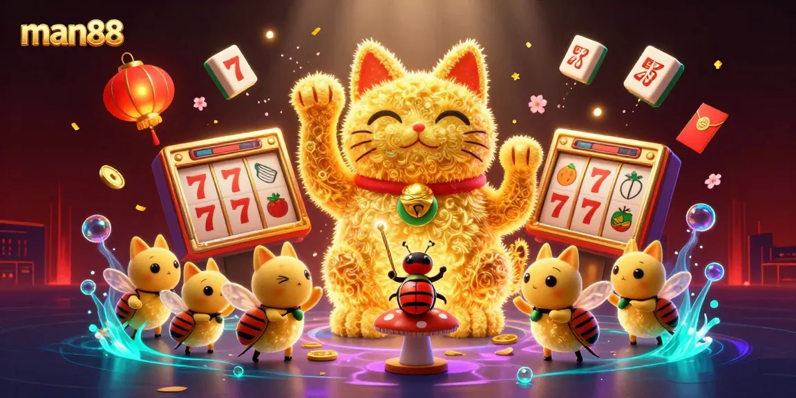 Engage in thrilling gaming excitement with man88's colorful 3D casino illustration of a lucky cat.