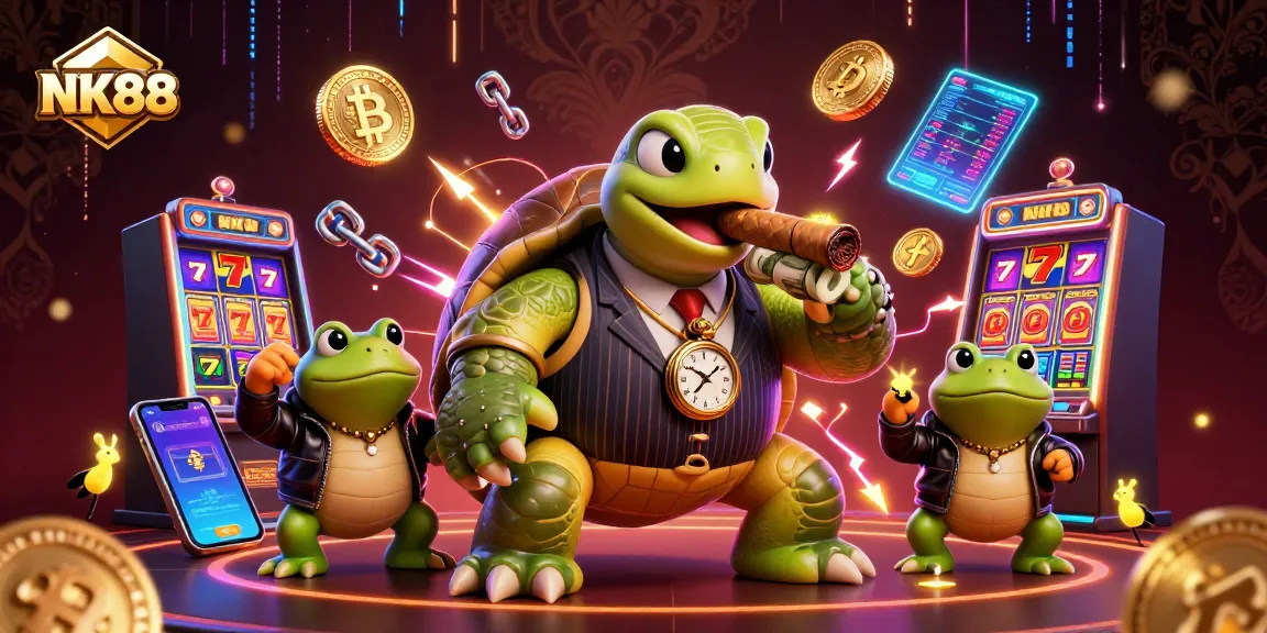 Engage with NK88's vibrant casino experience featuring a whimsical snapping turtle and bullfrog enforcers.
