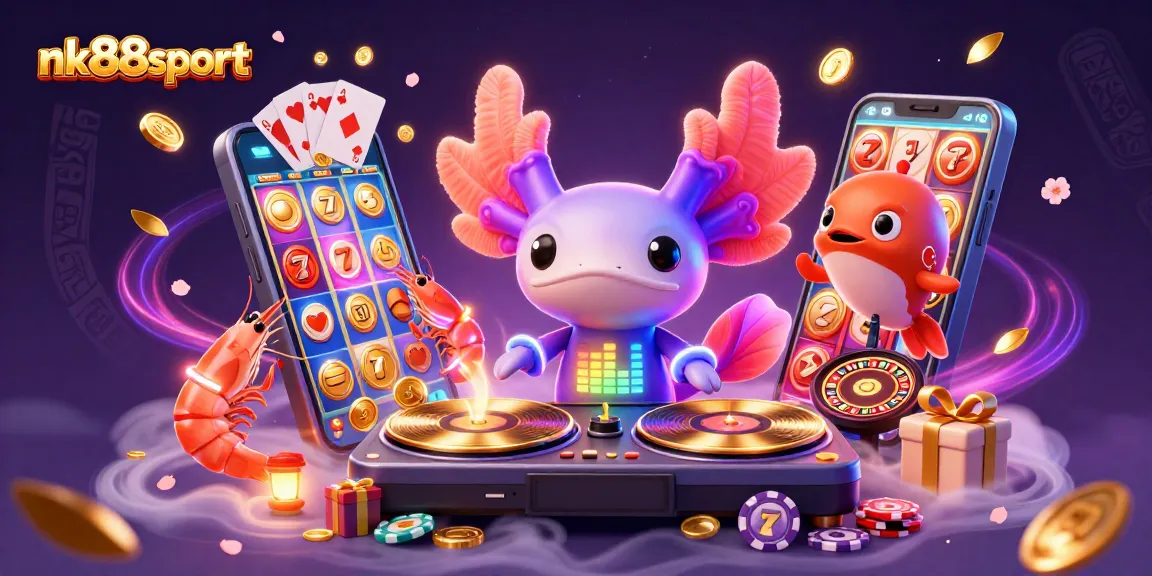 Nk88sport players win jackpots in vibrant underwater casino scene filled with colorful characters and games.