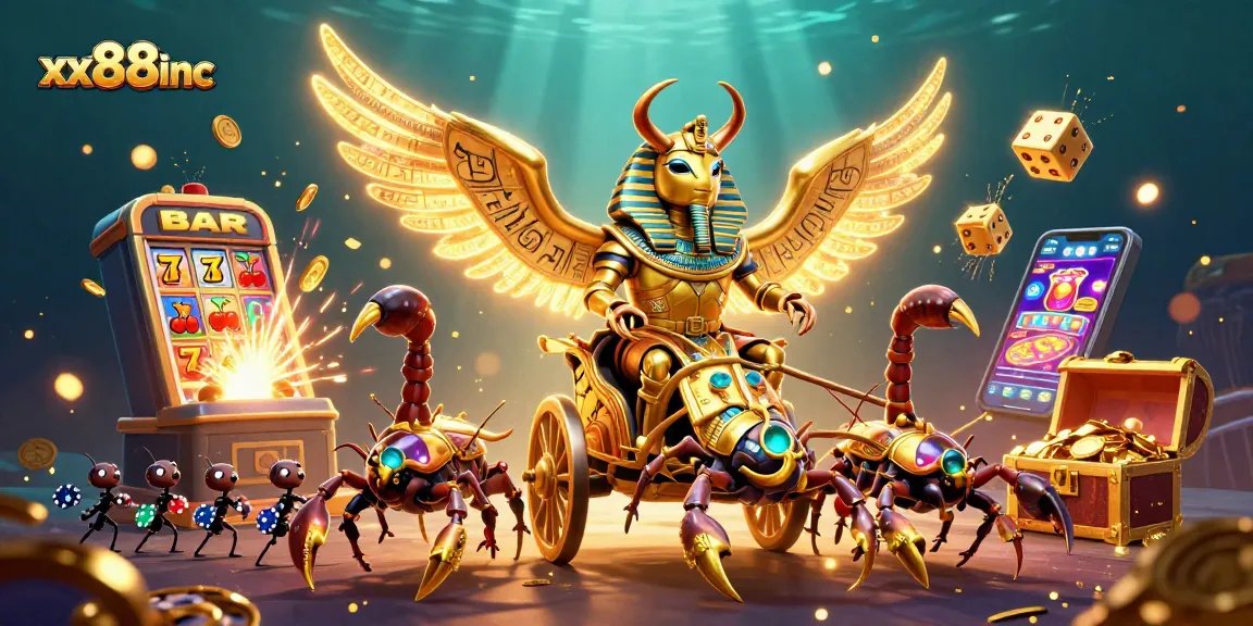 Experience the excitement of gambling with xx88inc as a colossal scarab rides into a jackpot explosion.
