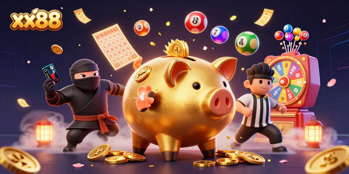 Engaging scene with xx88's characters interacting in a vibrant casino environment full of gold coins and lottery elements.