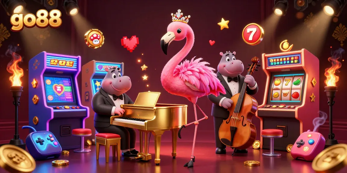 Experience the vibrant gaming world of go88, featuring a flamboyant lounge singer flamingo and a bassist hippo in a lively casino scene.