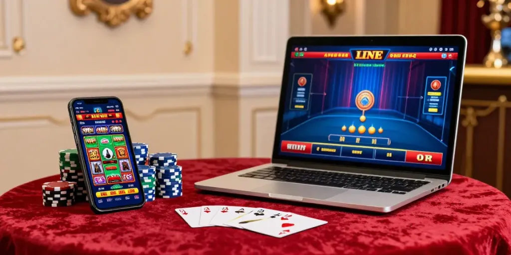 Engaging online gaming setup showcasing bonus sans depot casino options, featuring a mobile device and laptop amidst a vibrant casino atmosphere.