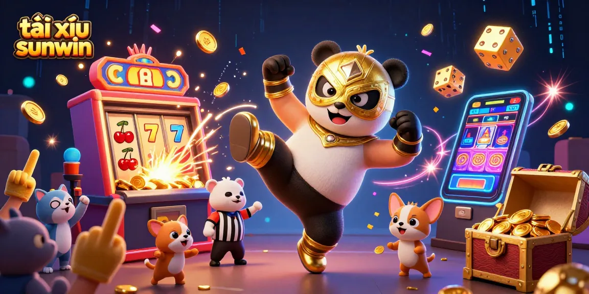 Experience the thrill of tài xỉu sunwin with our vibrant 3D casino scene, showcasing a wrestling panda and animal spectators.