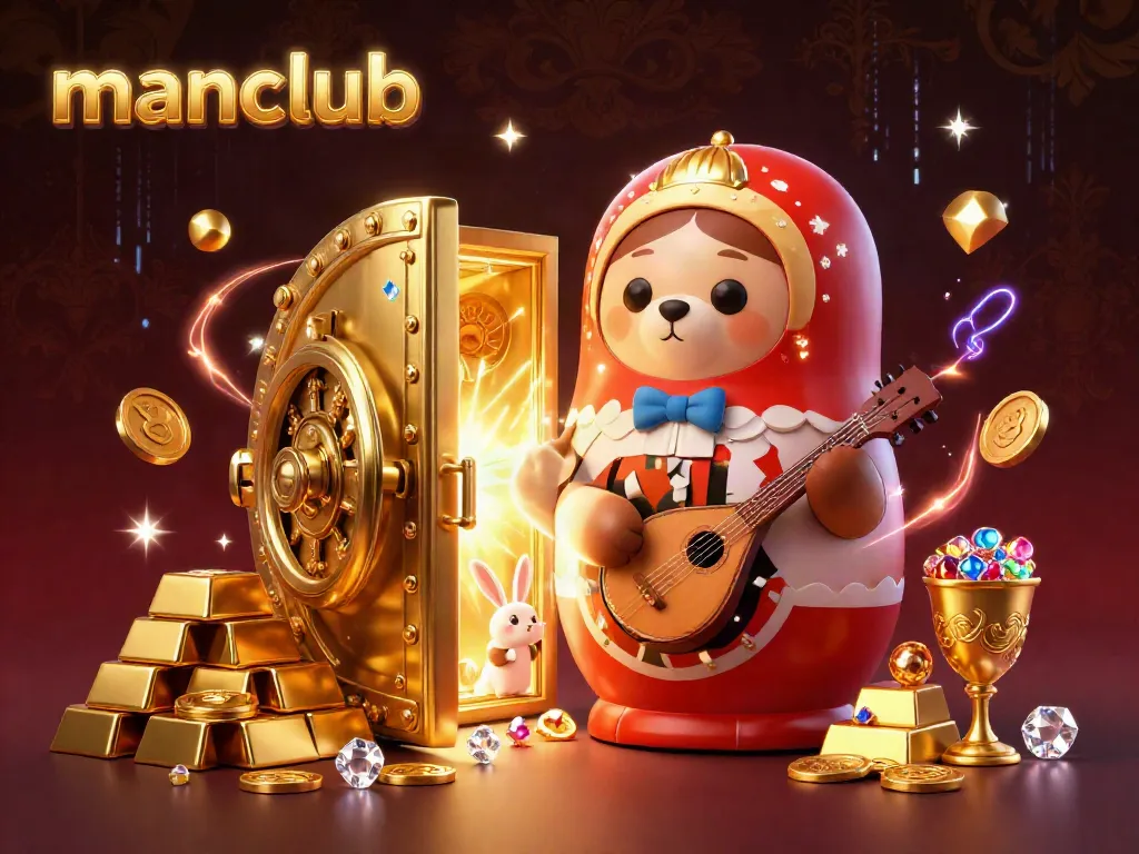 Experience thrilling actions at manclub with captivating casino scenes filled with gold, gems, and festive characters.
