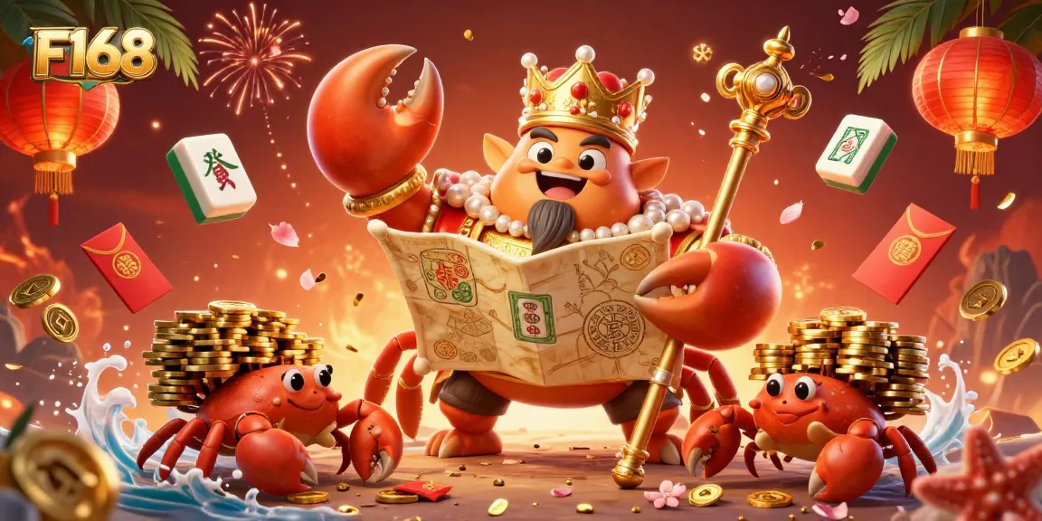 Engaging F168 gaming scene featuring the golden crab emperor, treasure map, and vibrant casino elements.