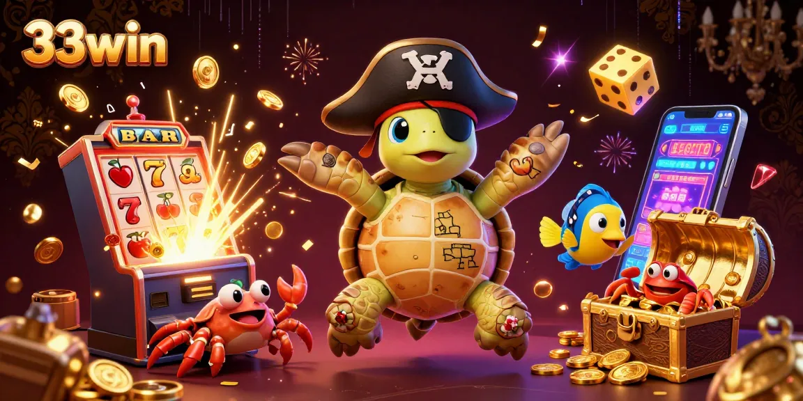 Experience exciting gameplay with 33win, featuring a vibrant sea scene, pirate turtle, and jackpot slot elements.