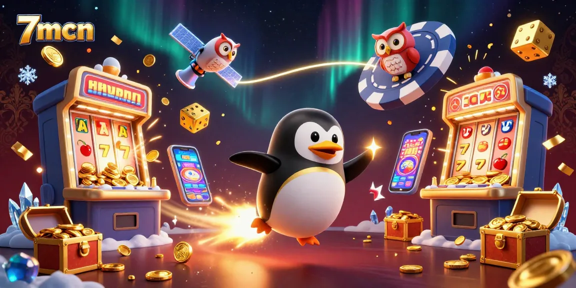 Experience thrilling moments with 7mcn as the penguin blasts towards a poker-shaped casino through a cosmic jackpot explosion.