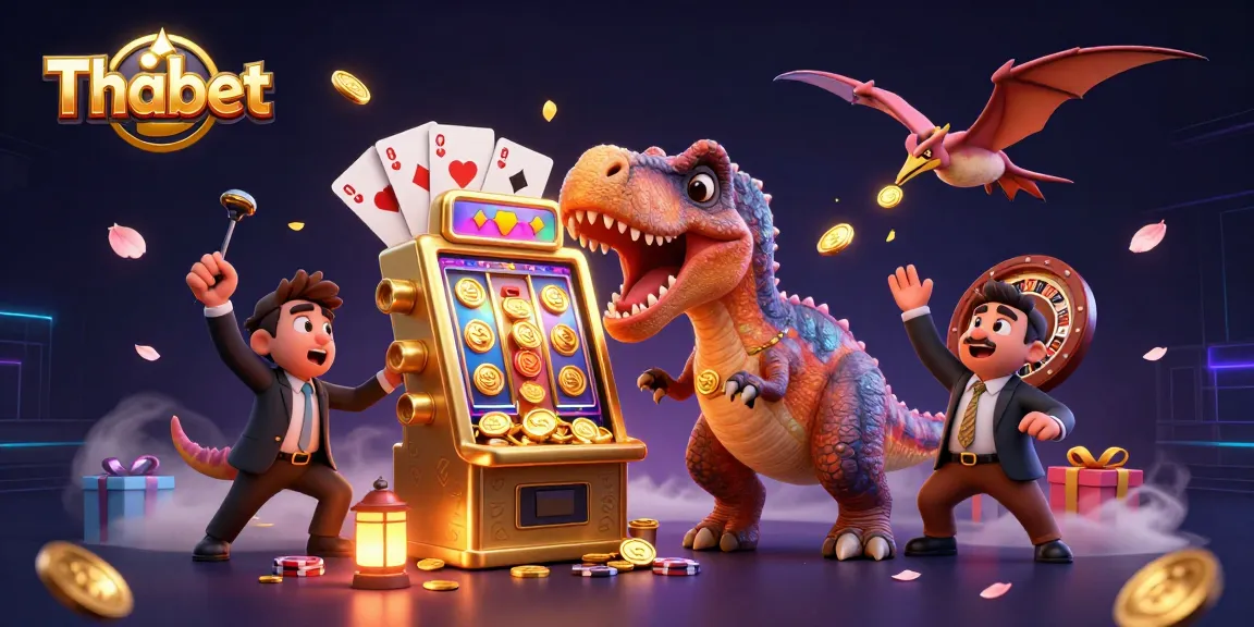 Thabet showcases a lively 3D cartoon scene with characters interacting at a vibrant casino, illustrating jackpot excitement.