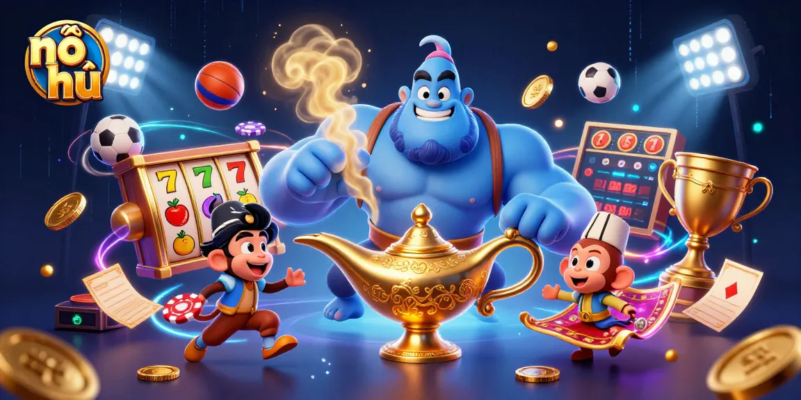 Play exciting nổ hũ with a genie, monkey, and dynamic casino elements in a vibrant scene.