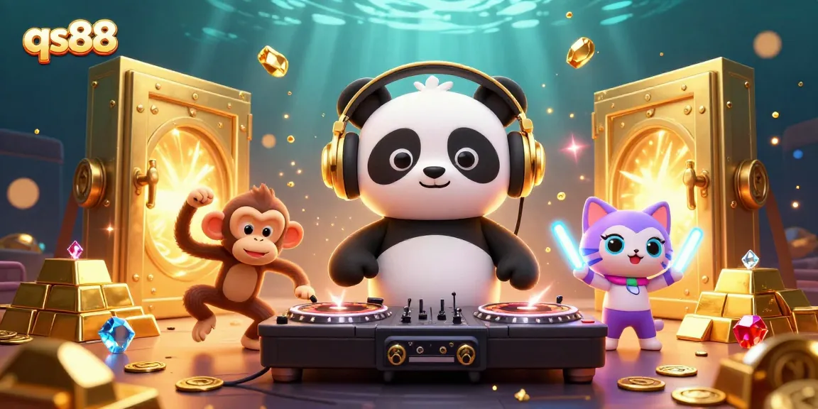 Experience excitement at qs88 with a vibrant 3D casino scene featuring animated characters and golden treasures.