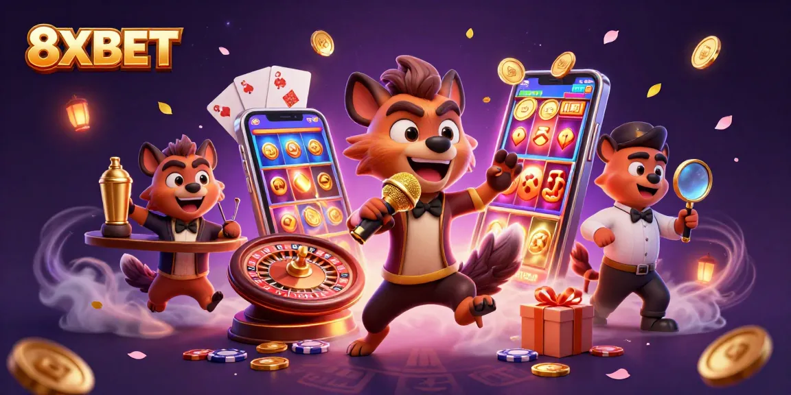 8XBET hyenas entertain in a vibrant casino scene with slot games, golden coins, and dynamic gameplay.