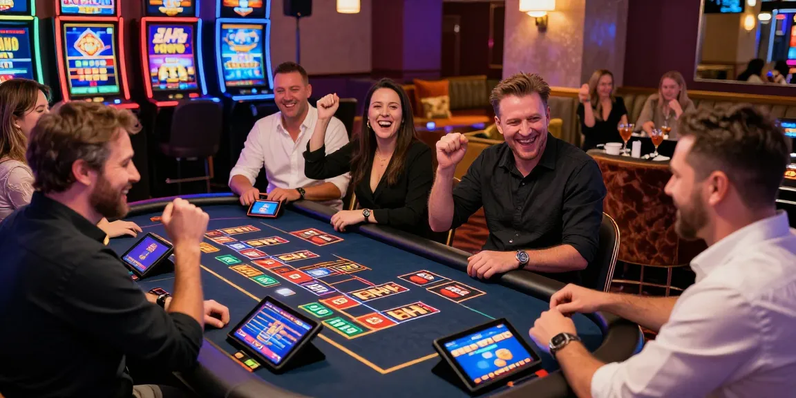 Diverse group enjoying a lively non UK casino game in a vibrant digital gaming setting.