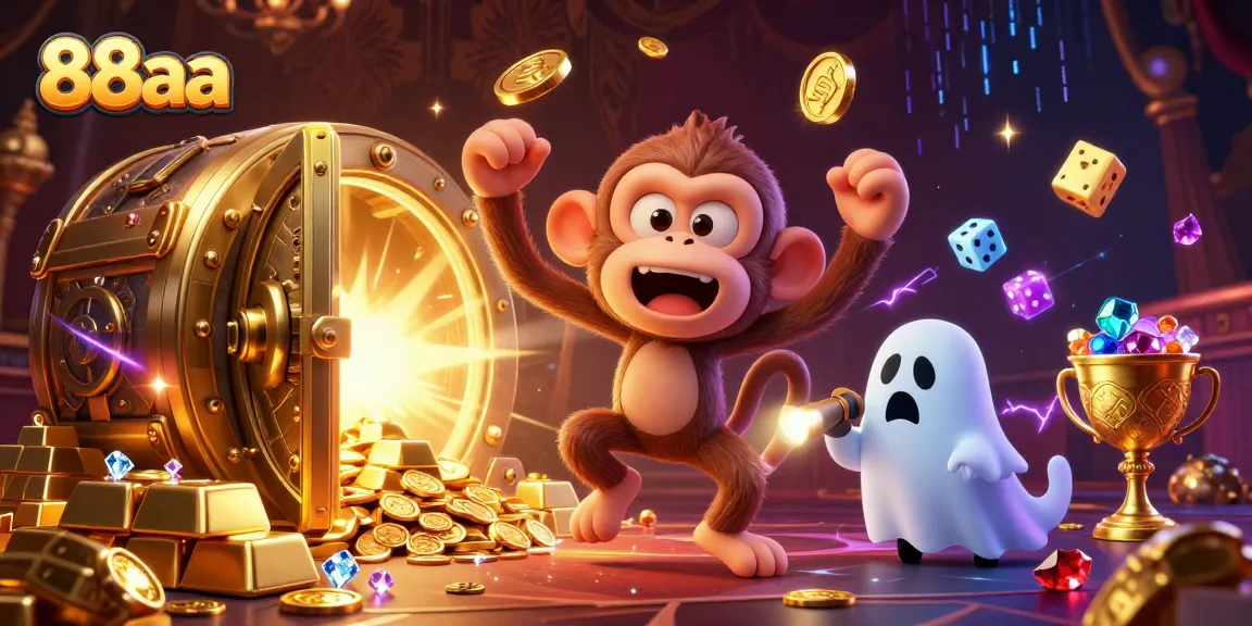 Experience thrilling wins at 88aa with vibrant casino action featuring a mischievous monkey and excited puppy.
