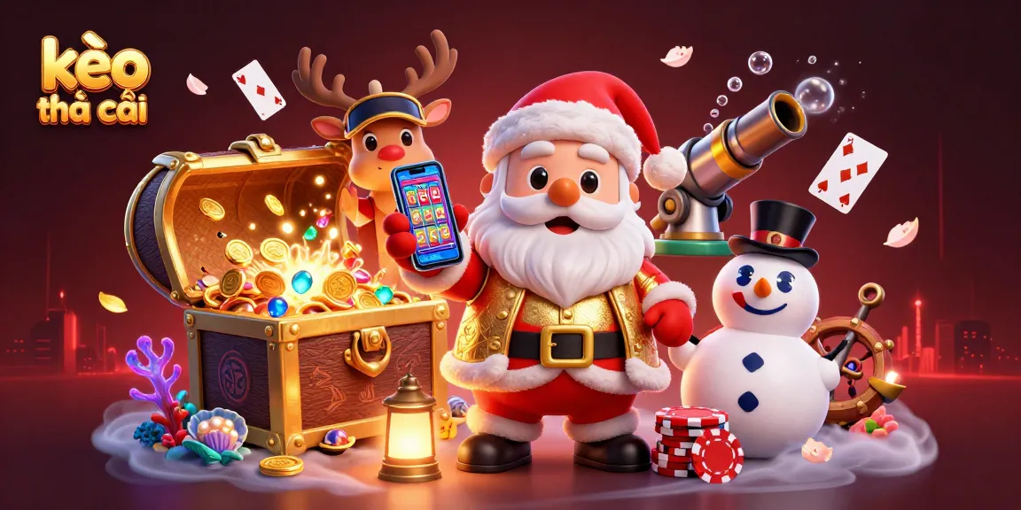 Engage with vibrant kèo nhà cái scene featuring Santa and friends celebrating casino wins.