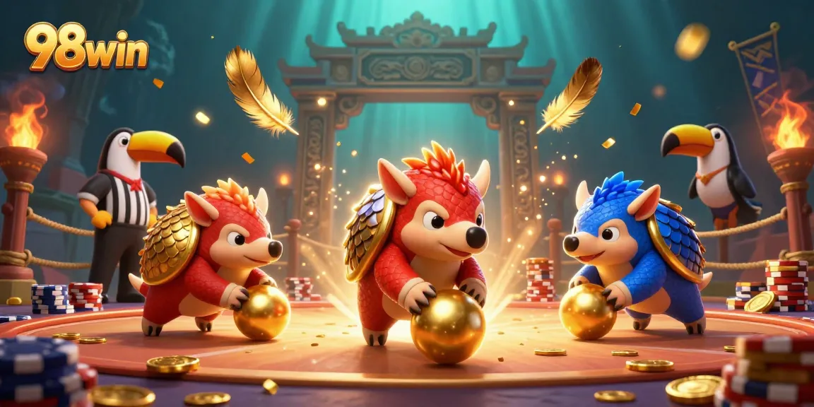 Engage in exciting gameplay at 98win, as rival pangolins battle with golden balls among poker chips in this vibrant casino scene.