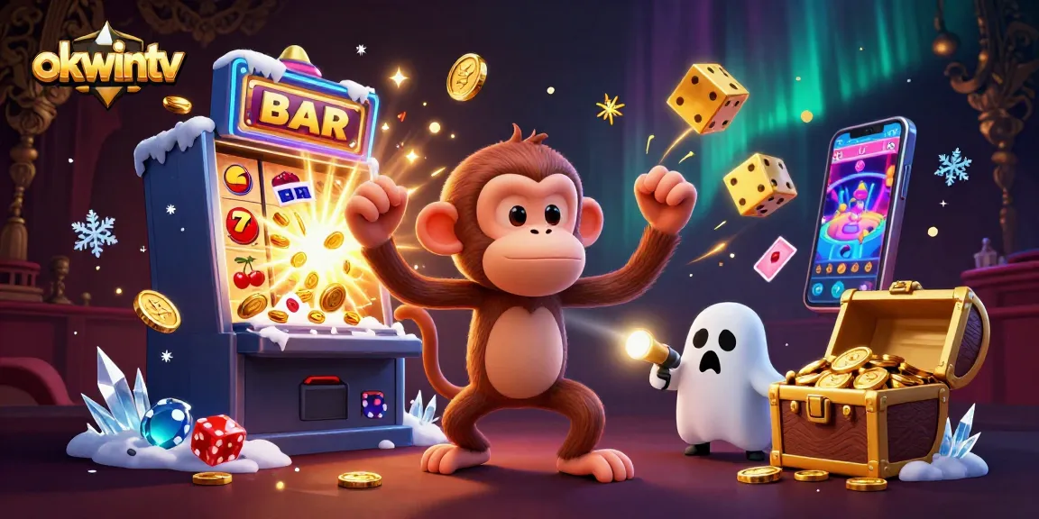 okwintv showcases an exciting casino scene filled with golden gambling elements and a playful poltergeist monkey.