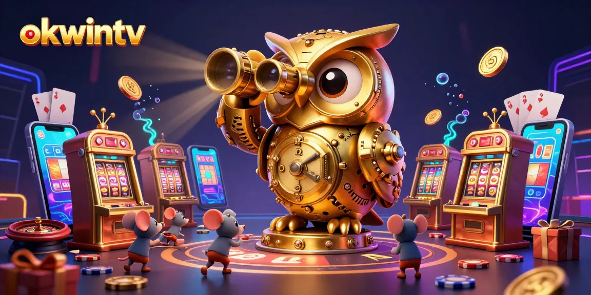 Engage with lively 3D illustration showcasing okwintv's vibrant casino scene filled with dynamic gaming elements.