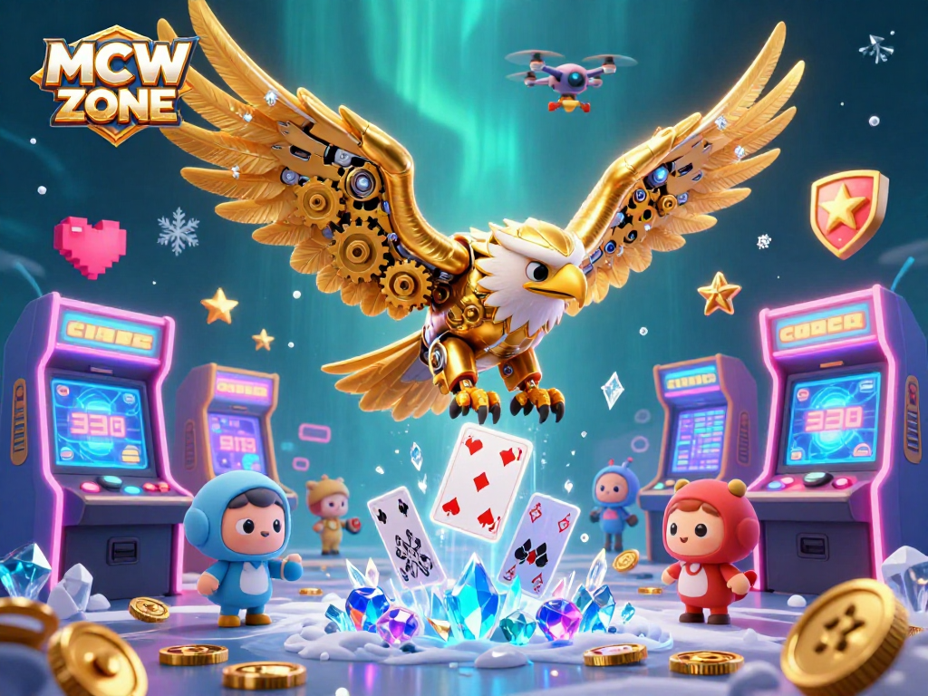 Experience immersive gaming at MCW ZONE, featuring a dynamic illustration of a cybernetic eagle amid vibrant casino elements.