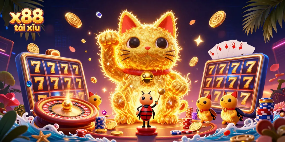 Spin to win with x88 tài xỉu gaming experience featuring a lucky cat and casino symbols.