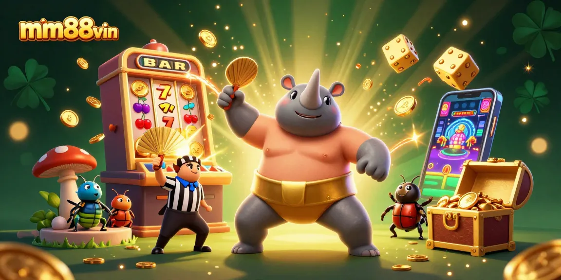Experience mm88vin's thrilling slot jackpots with a cartoon beetle champion amid flying coins and casino symbols.