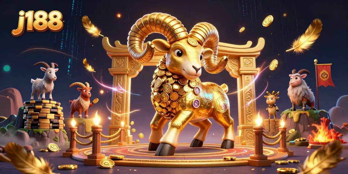 Experience j188 thrill with a golden ram charging at the casino gates, surrounded by vibrant casino elements.
