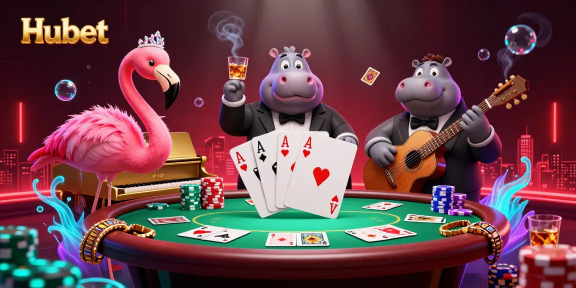 Experience thrilling gaming action at Hubet casino with vibrant characters and dynamic poker elements.