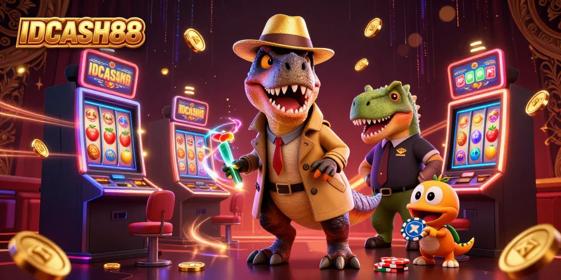 Experience vibrant slots action with IDCASH88 amidst a captivating casino scene featuring dynamic characters.