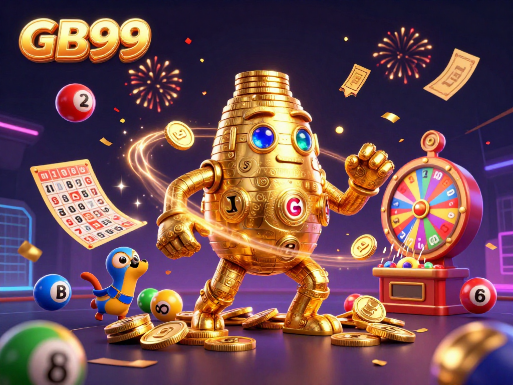 Experience dynamic gaming with GB99's golden golem surrounded by lottery elements and vibrant rewards.