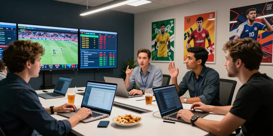Sports analysts at soikeonhacai.com.co discussing betting strategies in a vibrant digital environment