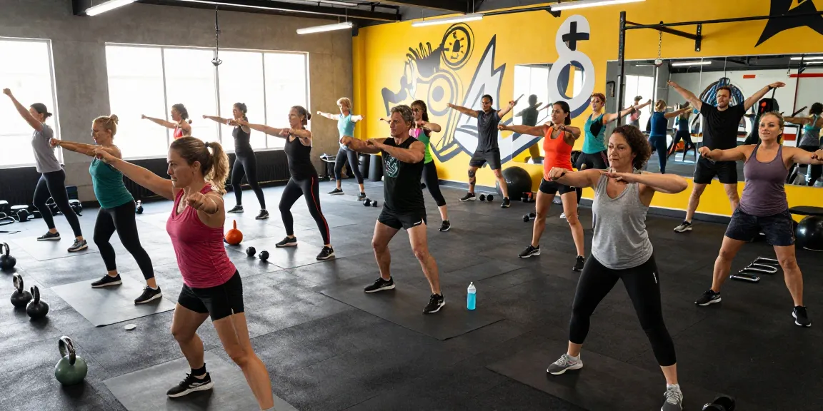 Entrenamiento en grupo en el gimnasio de Esteroidesshop, personas activas usando pesas y esterillas, ambiente motivador